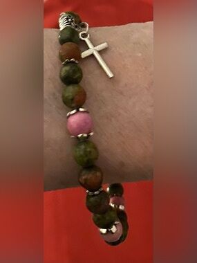 Unakite & Rhodonite crystals with a cross charm bracelet